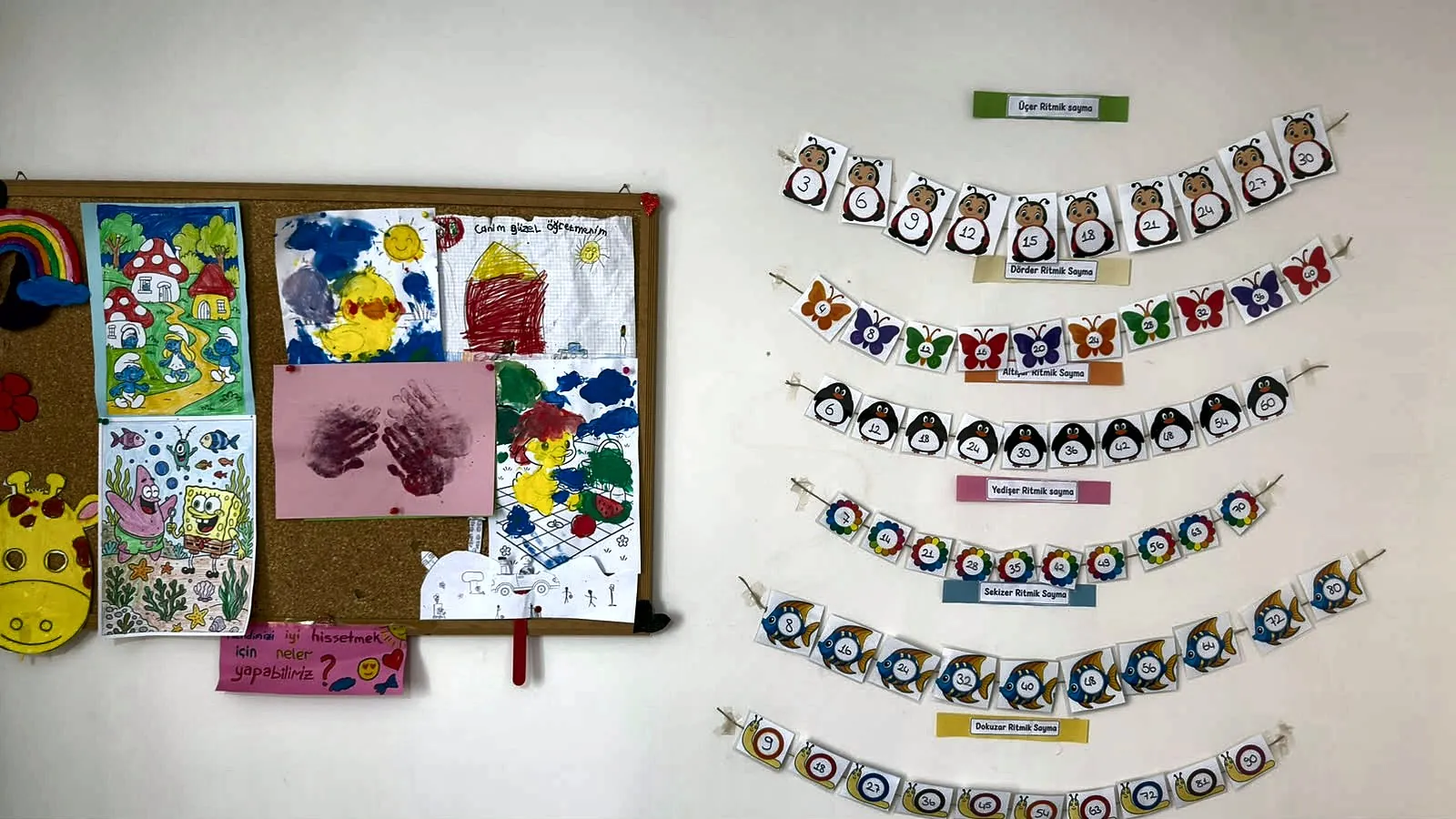 Panoda öğrenci resimleri ve sıralanmış etkinlik kartları